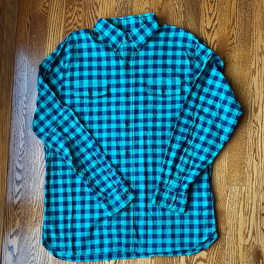Lands End Men’s Blue and Green Checkered Shirt, Size Large
